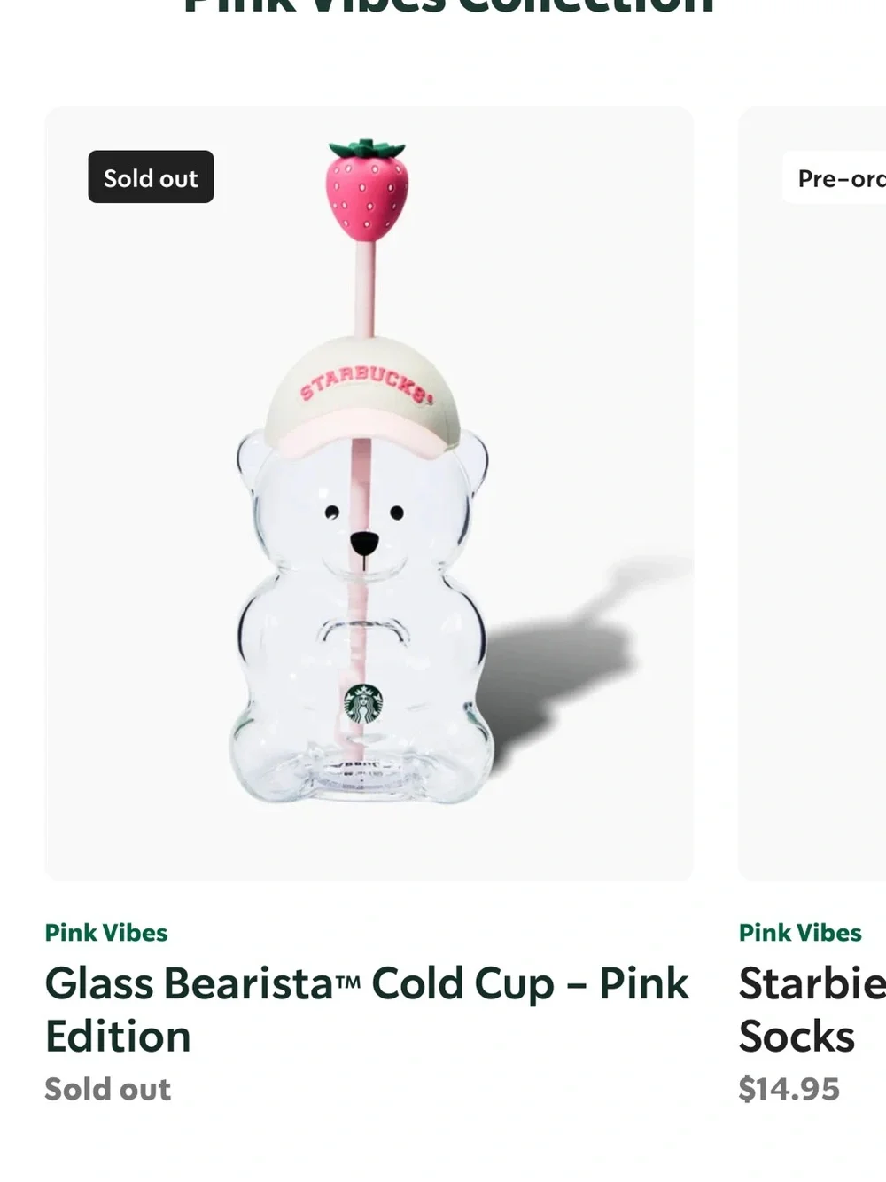 Starbucks Pink Bear-Shaped Glass Kids Cold Cup with Strawberry Straw
